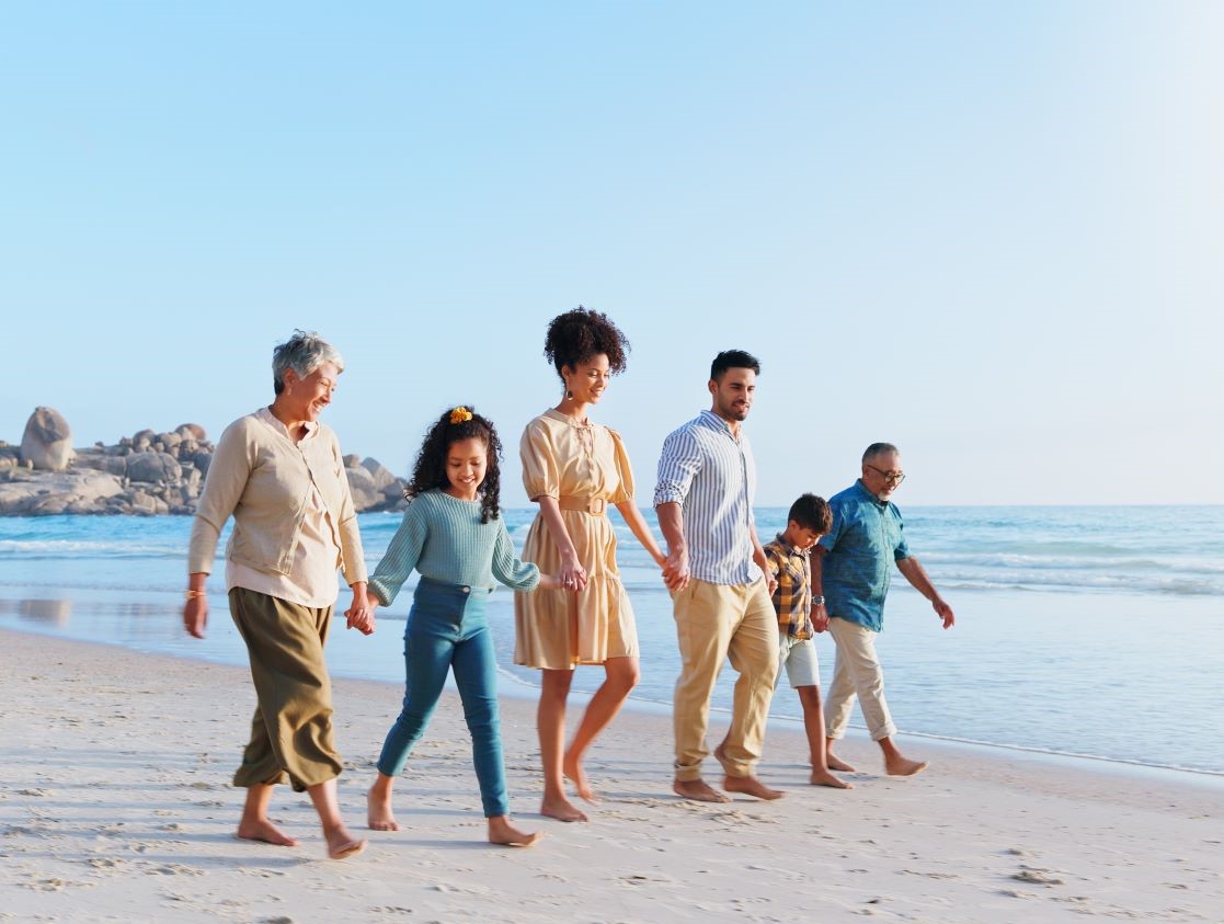 Family on a walk on a beach